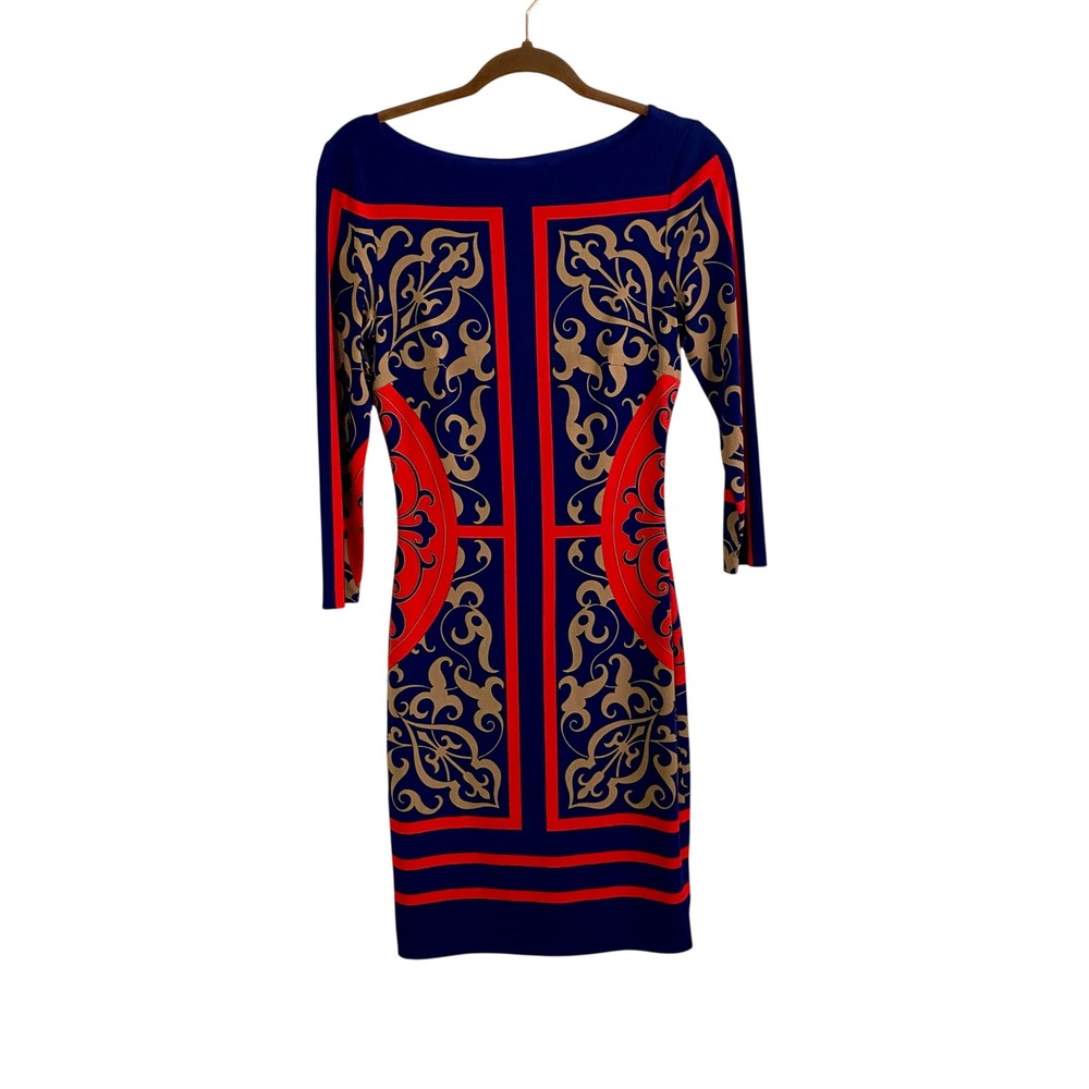 Cache Dress Small S Blue Red Gold Baroque Medallion Stretch Sheath Bodycon